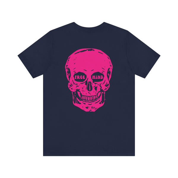 Navy statement streetwear t-shirt with oversized pink skull back print featuring "FREE MIND" in eye sockets