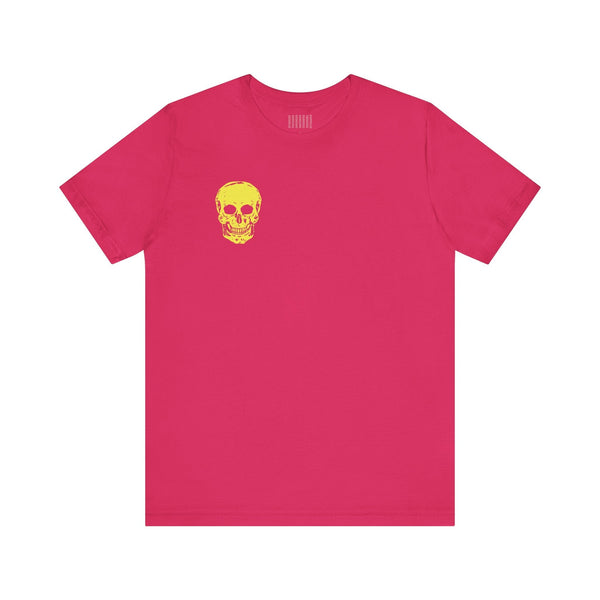 Bright pink streetwear tee shirt with yellow mini skull graphic on left chest, made of 100% cotton.