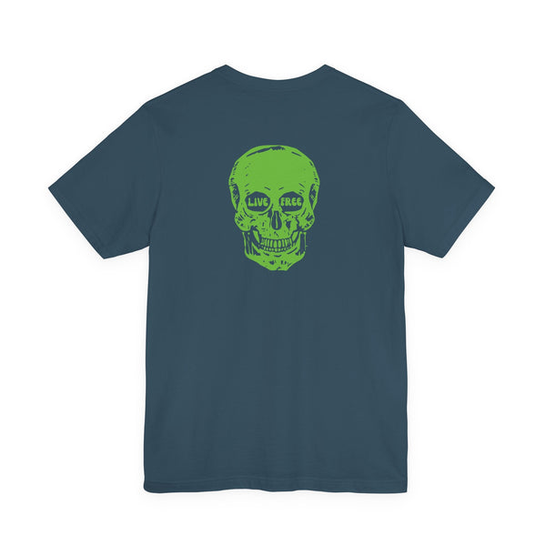 Navy blue unisex skull print t-shirt with neon green "live free" skull graphic on back and "fugitive" text on front.