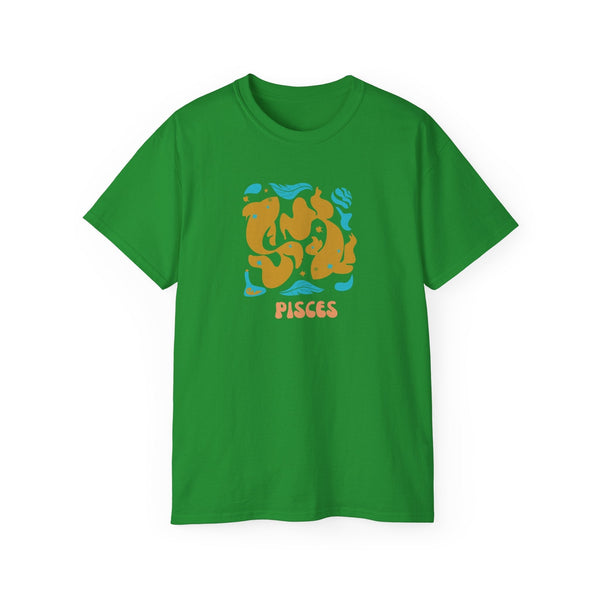 Green Pisces t shirt with artistic zodiac fish graphic for astrology lovers