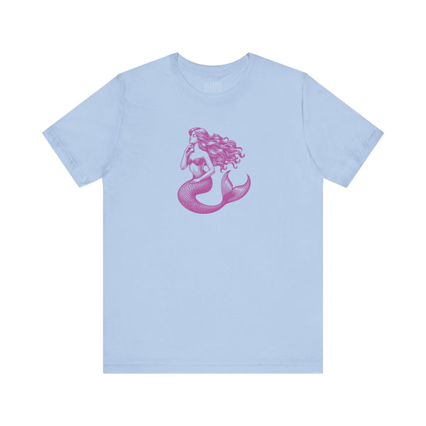 light blue t-shirt featuring a magenta mermaid graphic, unisex short sleeve mermaid t shirt