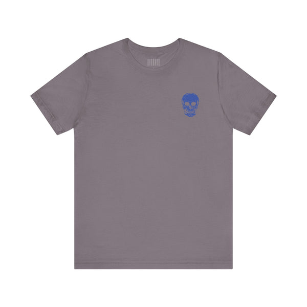 gray unisex rocker tee with blue mini skull front left print