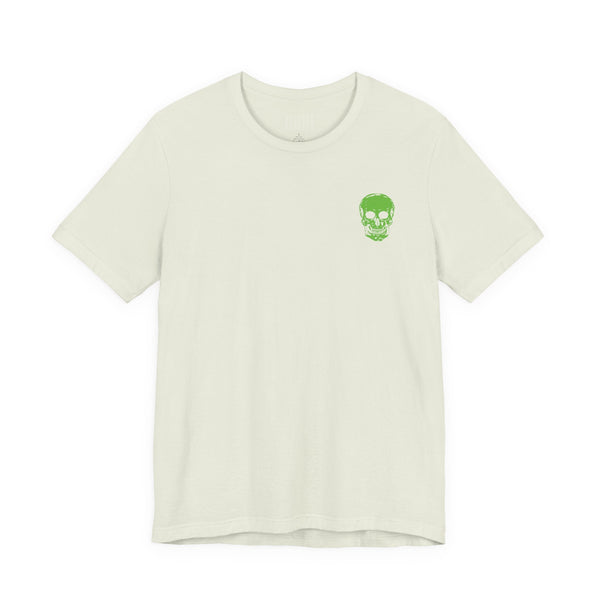 Unisex streetwear t shirt with small green skull graphic on front, casual white tee, breathable cotton material