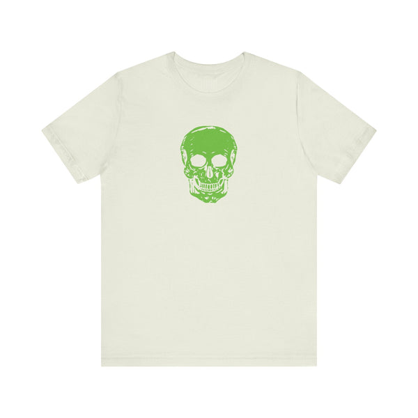 Green skull graphic t-shirt in streetwear style with lightweight cotton fabric and ribbed collar