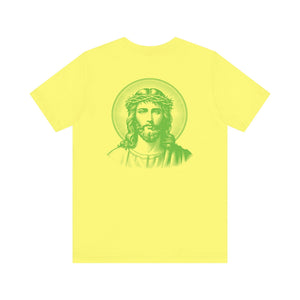 Yellow t-shirt with green jumbo halo Jesus graphic on back and small green Jesus print on front left chest, breathable cotton Jesus graphic tee.