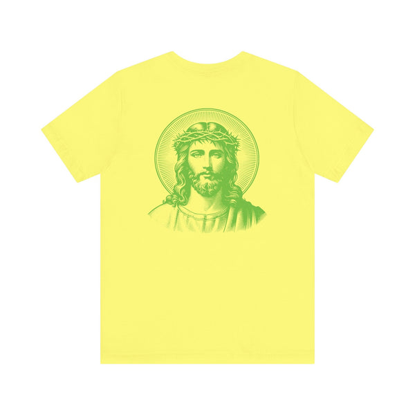 Yellow t-shirt with green jumbo halo Jesus graphic on back and small green Jesus print on front left chest, breathable cotton Jesus graphic tee.