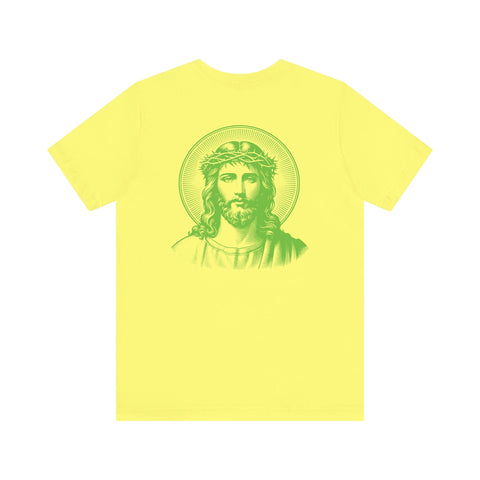 Yellow t-shirt with green jumbo halo Jesus graphic on back and small green Jesus print on front left chest, breathable cotton Jesus graphic tee.