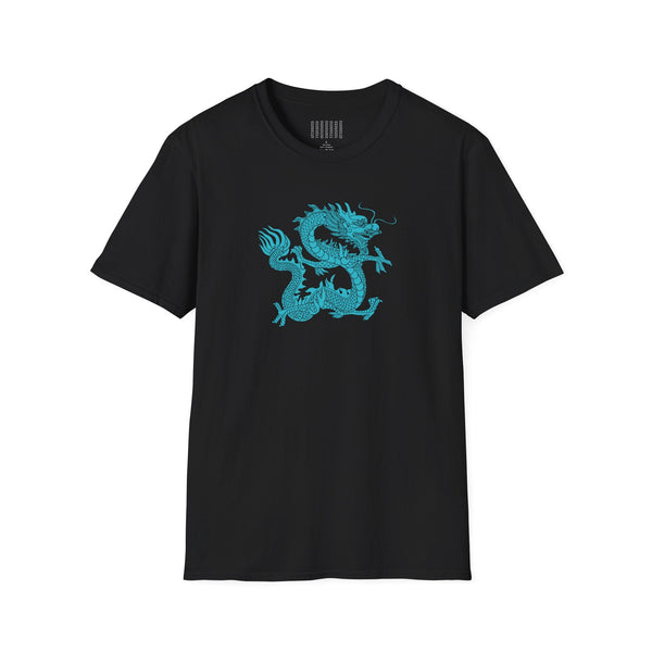 Black unisex t-shirt with turquoise dragon graphic design front center, softstyle fabric, ethical cotton, stylish dragon t shirt