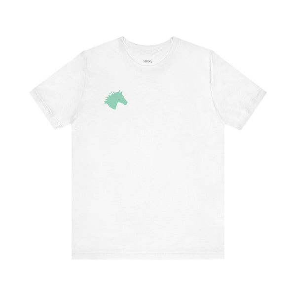 White equestrian t-shirt with minimalist mint green horse head print on left chest
