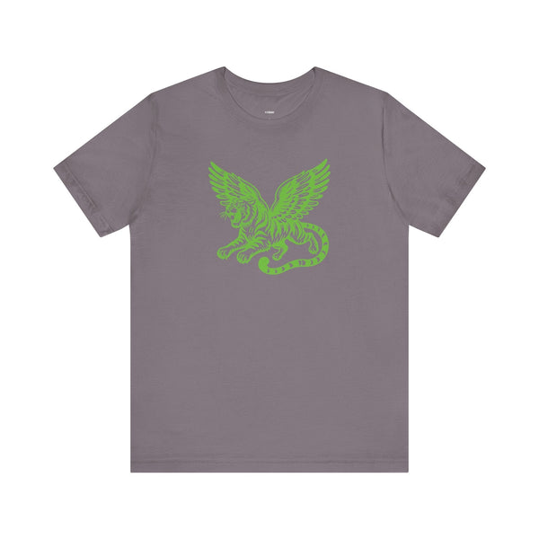 Gray t-shirt with neon green winged tiger graphic on the chest