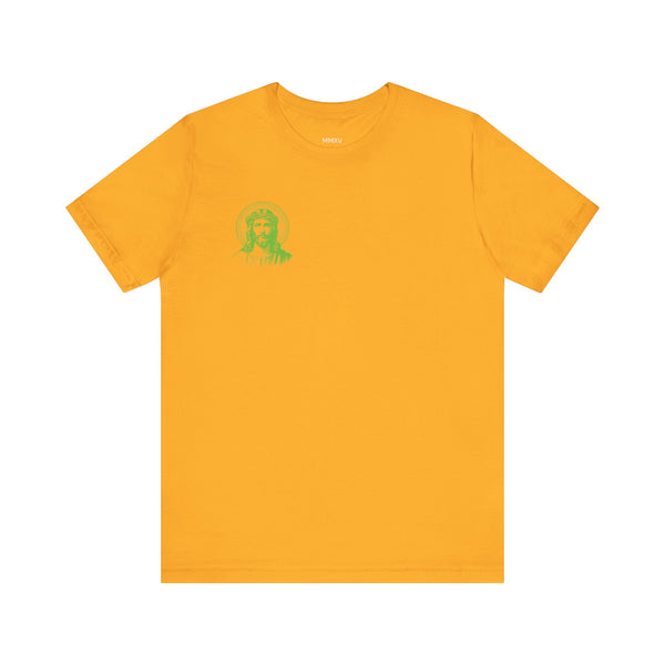 Green Mini Jesus With Halo Left Front Print Graphic Tee - Iconic by Sandra Oles
