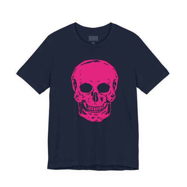 navy edgy t shirt with large neon pink skull graphic front print