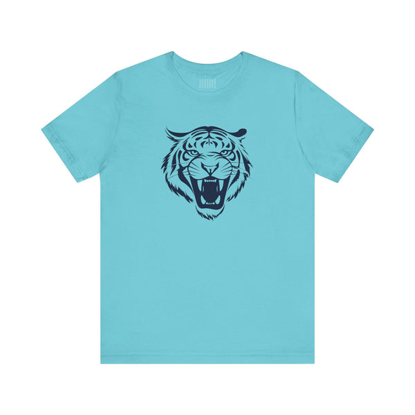 Light blue t-shirt with a roaring tiger head graphic print front design