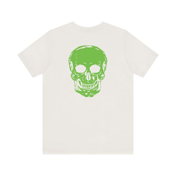 White tee with large neon green skull back print, music festival fashion, casual streetwear