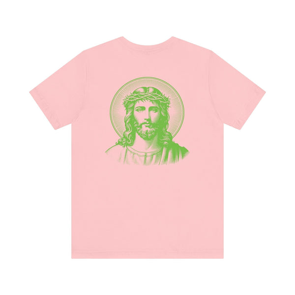Pink t-shirt with a large green halo Jesus graphic printed on the back