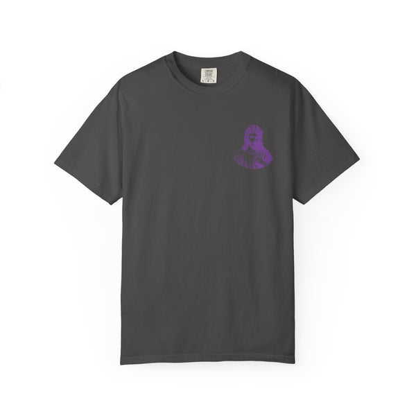 Purple Jumbo Jesus Back Print Tee with Purple Mini Jesus Front Left Graphic Tee - Iconic by Sandra Oles