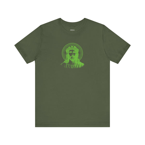 Green Mid-Scale Jesus with Halo Front Print Graphic Tee - Iconic by Sandra Oles