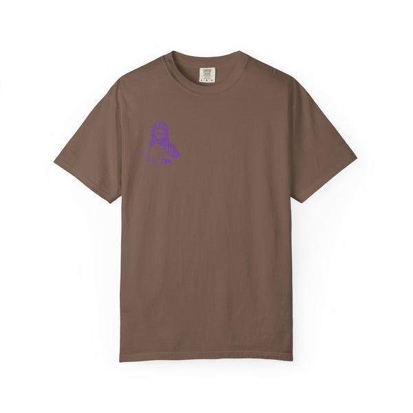 Brown tee with small purple Jesus graphic on front left chest