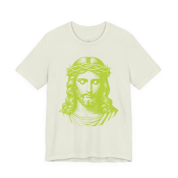 White Christian t-shirt with jumbo lime green Jesus graphic and ribbed collar in streetstyle design