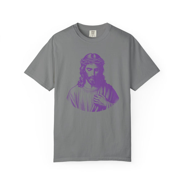 gray t-shirt with purple Jesus front print Christian clothing