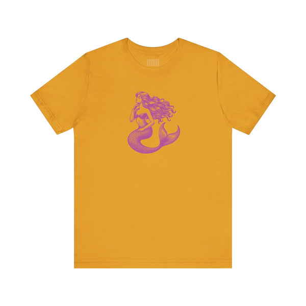Mustard yellow t-shirt with magenta mermaid siren graphic print, unisex casual mermaid t shirt.