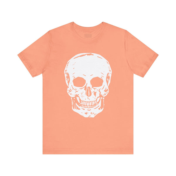 Coral crew neck T-shirt featuring a large white skull graphic on the front with a classic fit.