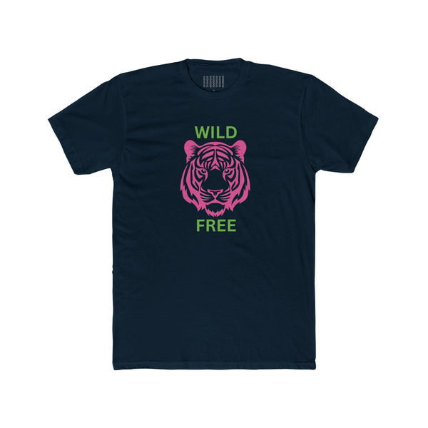 Wild and Free tee with neon pink tiger and lime green text on black cotton shirt