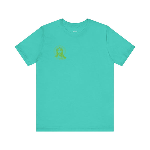 Green Jesus graphic tee with mini front halo print, made of soft cotton, streetwear style