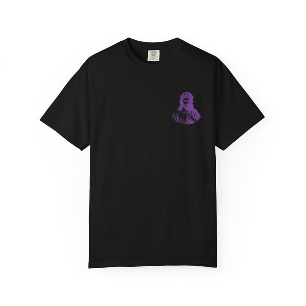 Purple Jumbo Jesus Back Print Tee with Purple Mini Jesus Front Left Graphic Tee - Iconic by Sandra Oles