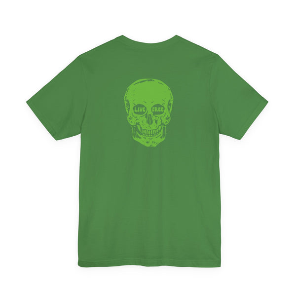 Green t-shirt with bold green skull graphic and "Live Free" text on the back