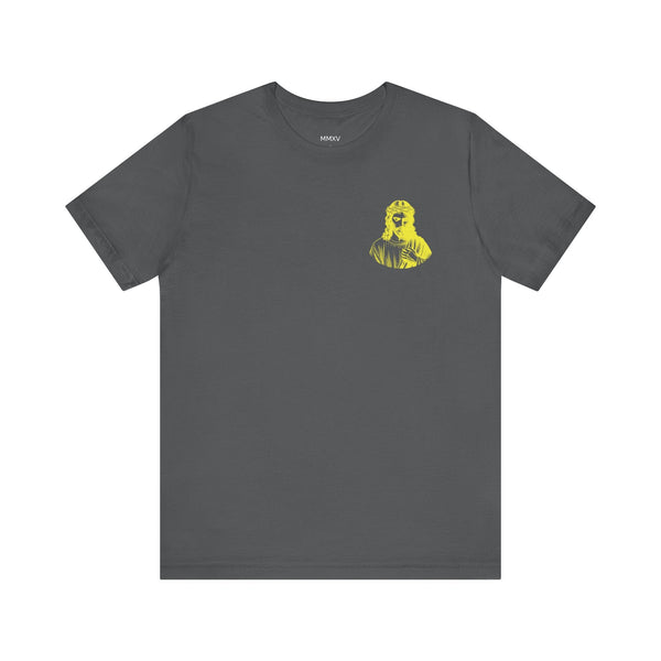 Unisex gray Jesus t shirt with yellow mini Jesus in crown of thorns graphic on front left, comfortable breathable cotton tee