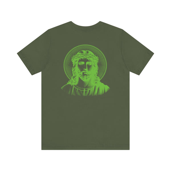 Green Jesus graphic tee with jumbo halo back print and mini front left print, unisex short sleeve shirt by Sandra Oles