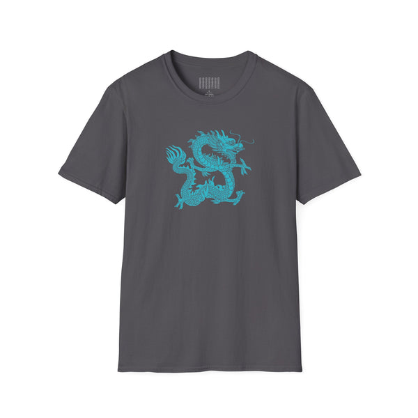 Dark gray unisex t-shirt with turquoise dragon graphic design dragon t shirt