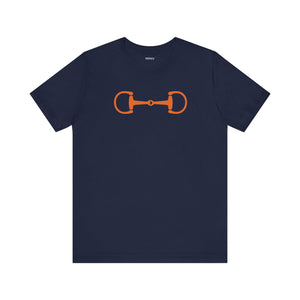 Navy preppy graphic tee with bold orange horse bit design, lightweight cotton fabric, and classic crew neckline.