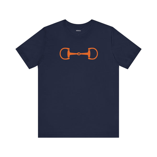 Navy preppy graphic tee with bold orange horse bit design, lightweight cotton fabric, and classic crew neckline.