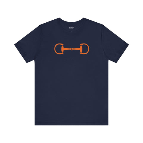 Navy preppy graphic tee with bold orange horse bit design, lightweight cotton fabric, and classic crew neckline.