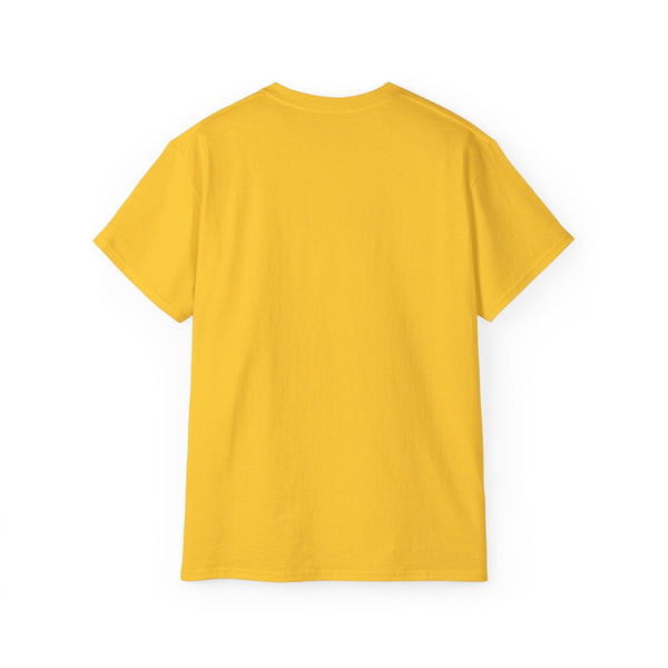 Back view of plain yellow Jesus T-shirt made from sustainable cotton