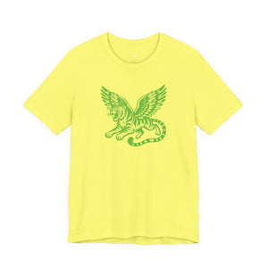 Yellow t-shirt with neon green winged tiger graphic on chest