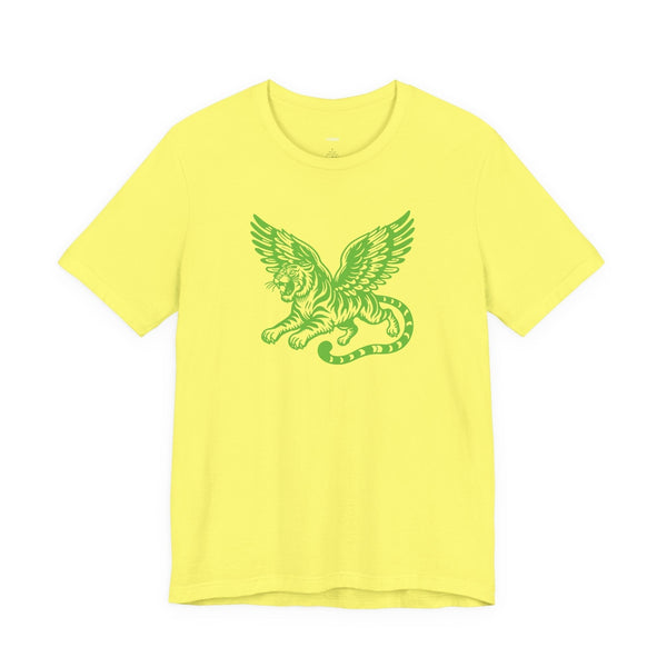 Yellow t-shirt with neon green winged tiger graphic on chest