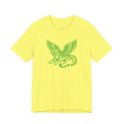 Yellow t-shirt with neon green winged tiger graphic on chest