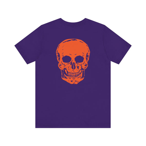 Purple t-shirt with large orange skull graphic on back and small orange skull on front, cool skull shirt design
