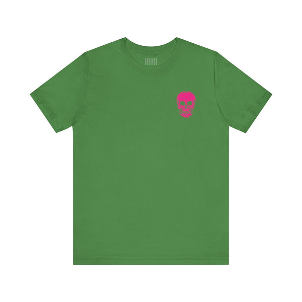 green punk rock tee with mini hot pink skull on front chest