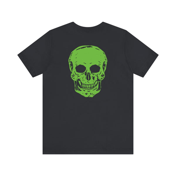 Black tee with large neon green skull graphic on back, music festival fashion style