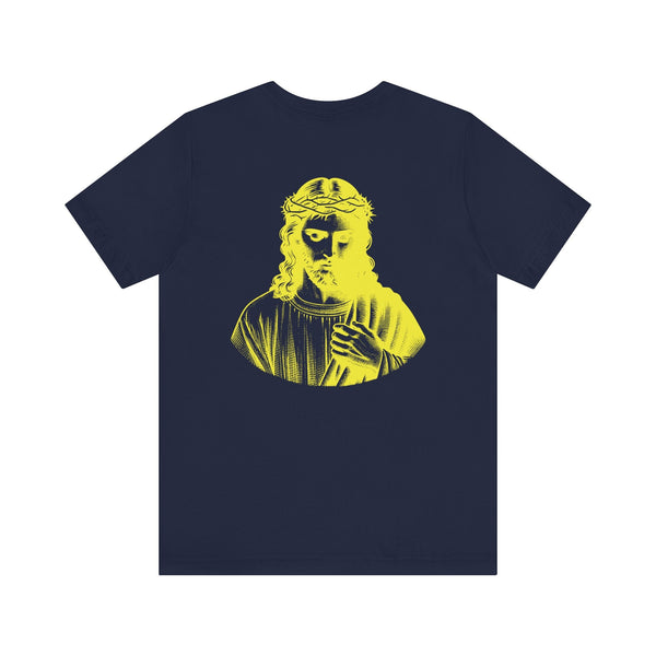 Christian streetwear navy tee with jumbo yellow Jesus back print and mini front print by Sandra Oles