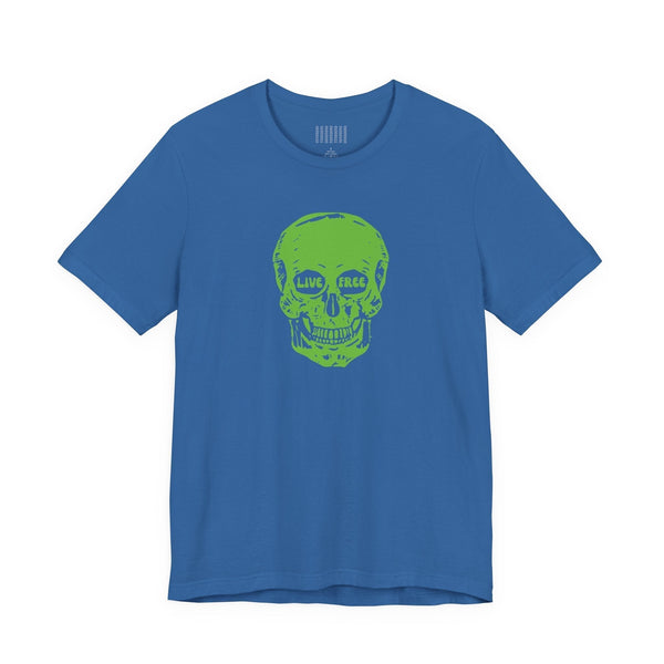 Blue t-shirt with green Live Free skull print graphic design, soft cotton fabric, casual style