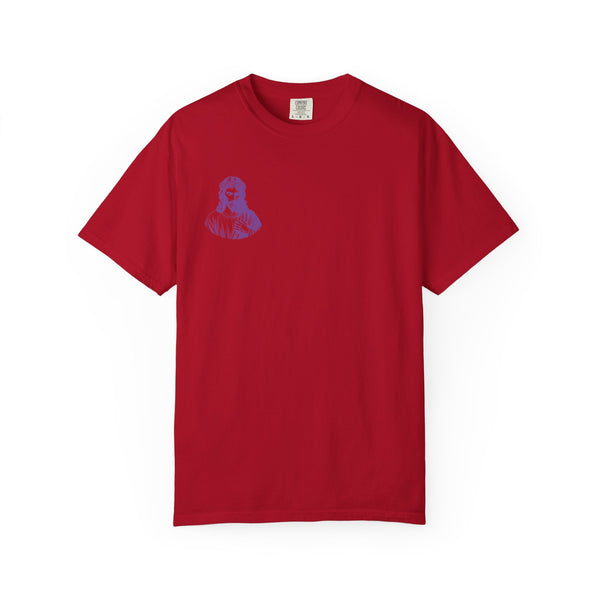 Purple Jumbo Jesus Back Print Tee with Purple Mini Jesus Front Left Graphic Tee - Iconic by Sandra Oles