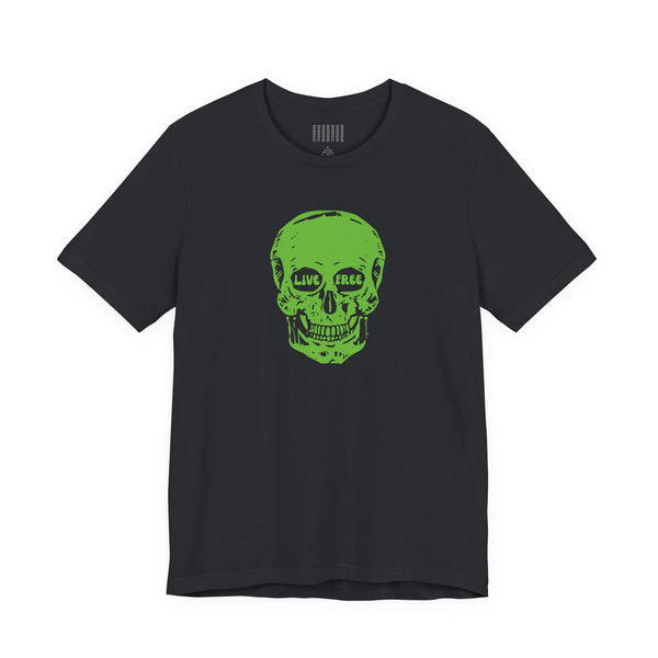 Black graphic tee featuring a bold green skull with "Live Free" text on the front, made from soft cotton.