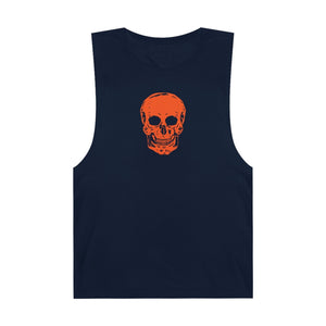 Black tank top with neon orange skull graphic on front and raw sleeve edges