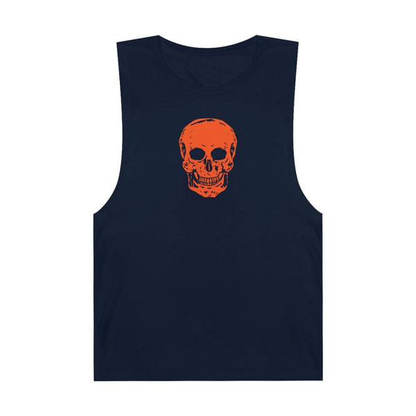 Black tank top with neon orange skull graphic on front and raw sleeve edges