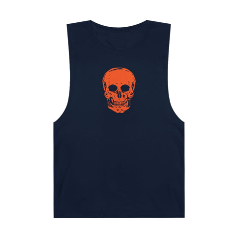 Black tank top with neon orange skull graphic on front and raw sleeve edges